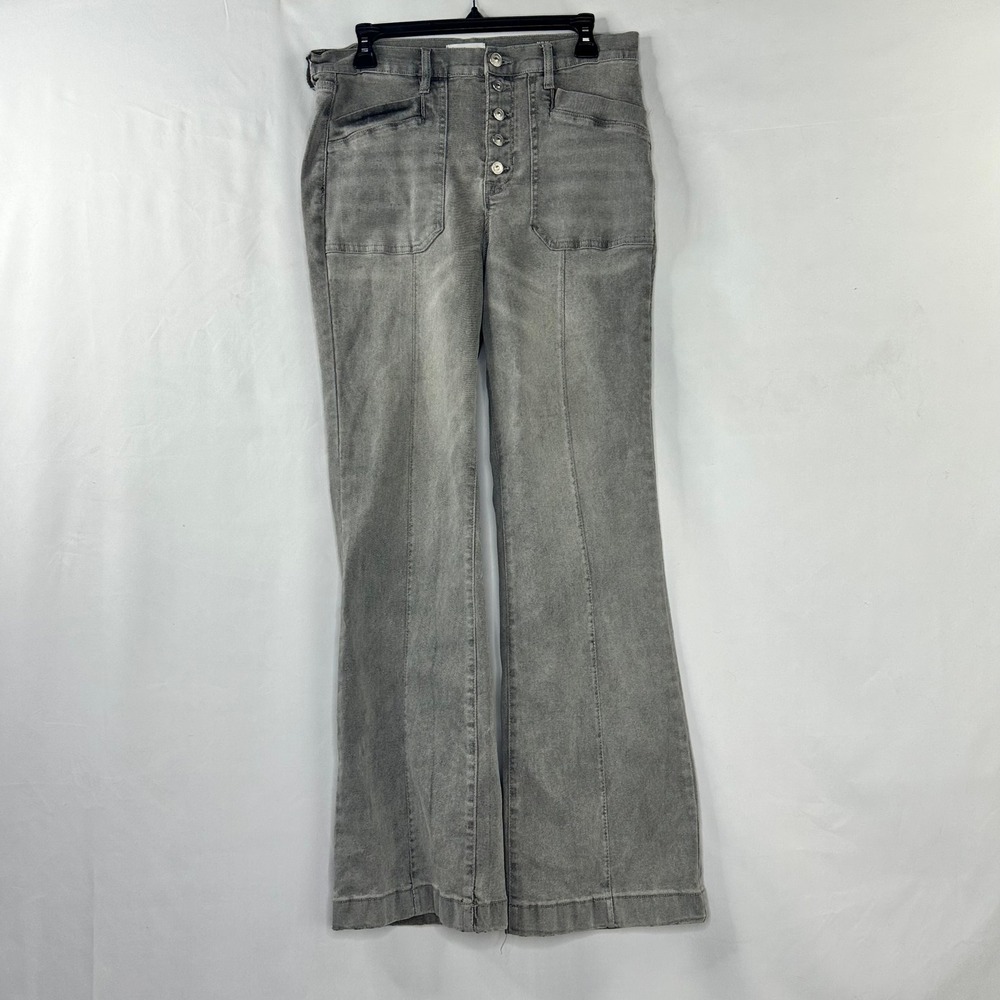 Nicole Miller 10 Nomad Super High Rise Flare Jeans Grey Button Front Boho Retro